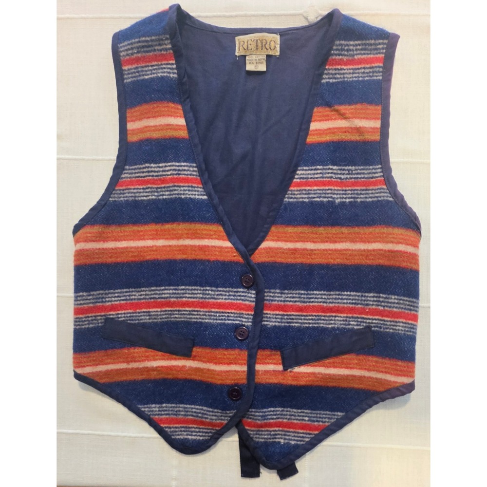 Retro Woven Cotton Striped Vest Made in Nepal Boho Blue Orange Women's Medium